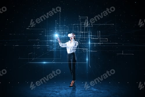 Preview: Attractive Young European Businesswoman With Vr Glasses Using Abstract Glowing Lines Interface On