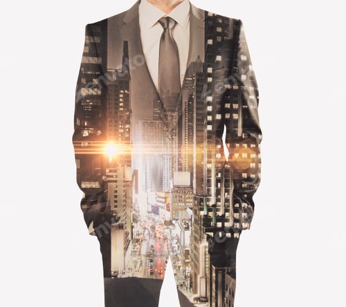 Preview: Businessman Standing On Abstract Night City Background. Career And Future Concept. Double Exposure
