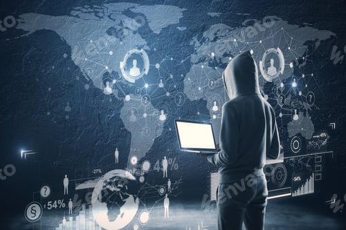 Preview: Side View Of Hacker Using Laptop With Glowing Business Interface. Social Network And Criminal