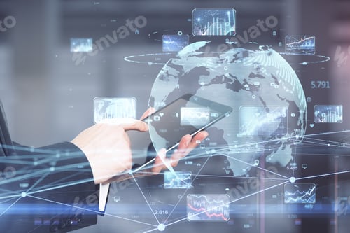 Preview: Close Up Of Businessman Hand Pointing At Tablet With Creative Glowing Globe Hologram With Forex