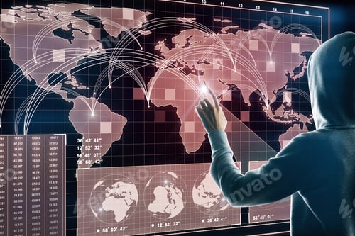 Preview: Hacker Using Abstract Digital Map Interface On Blurry Background. Global Network And Theft Concept