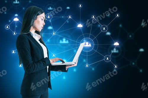 Preview: Businesswoman Using Laptop With Creative Social Network Interface And Glowing Human Resource Concept
