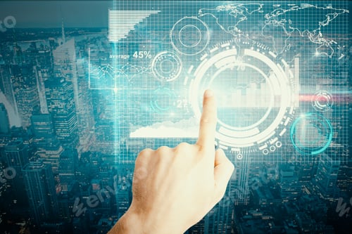 Preview: Man Pressing Digital Button On City Background
