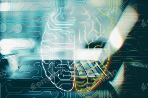 Preview: Close Up Of Laptop With Circuit Brain On Blurry Background. Ai And Device Concept. Double Exposure