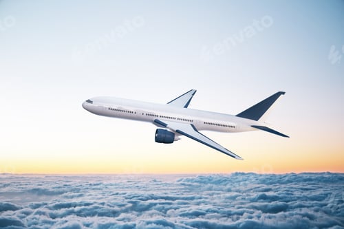 Preview: Passenger Airplane Flying In Blue Sky. Travel And Vacation Concept