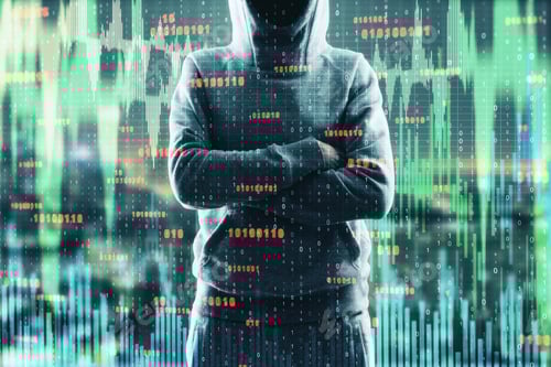 Preview: Hacker With Forex Chart And Folded Arms Standing On Blurry City Background With Binary Code