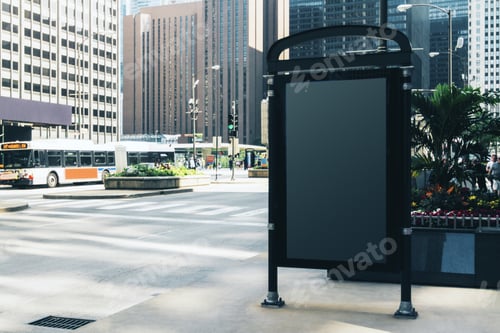 Preview: Empty Black Outdoor Banner On City Background. Commercial And Ad Concept. Mock Up