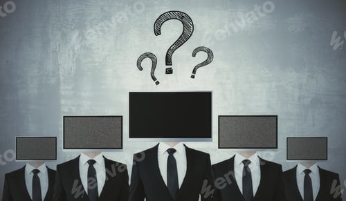 Preview: Abstract Screen Headed Businessmen On Concrete Background With Question Marks. Mock Up