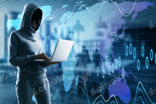 Preview: Hacker Using Laptop With Glowing Global Business Scheme On Dark Background. Trade And Malware