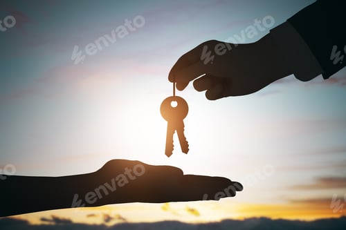 Preview: Close Up Of Businessperson Handing Keys On Backlit Sky And Clouds Background. Housing, Property