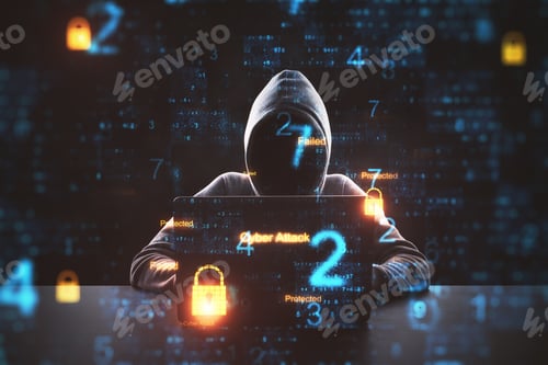 Preview: Cyber Attack In Process With Hacker Using Laptop. Computer And Digital Security Icons In Cells