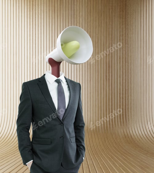 Preview: Loud Speaker Headed Businessman On Wooden Background. Communication, Voice And Power Concept