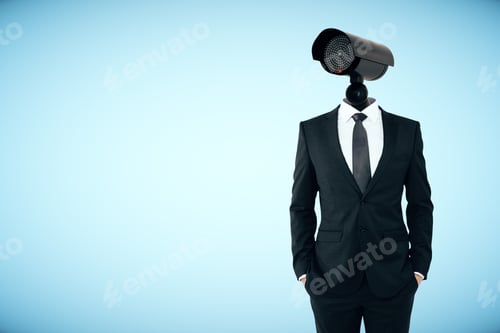 Preview: Business Security Management Concept. Businessman With Cctv Camera Instead Of Head On Light Blue