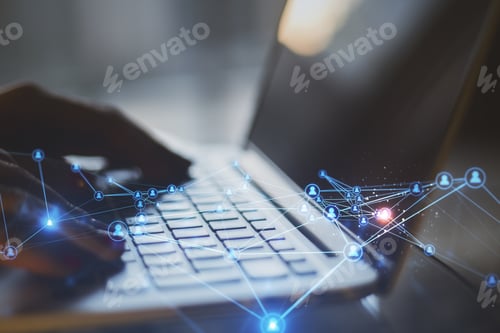 Preview: Close Up Of Blurry Hands At Desktop Using Laptop With Abstract Glowing Polygonal Network With