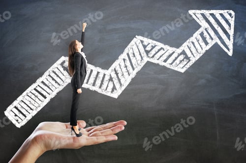 Preview: Abstract Hand Holding Happy Businesswoman With White Arrow Sketch On Chalkboard Wall Background