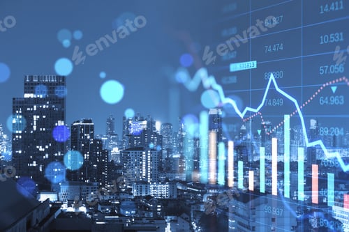 Preview: Blue Falling Downword Forex Chart On Blurry Bokeh Night City Texture. Crisis, Stock And Loss