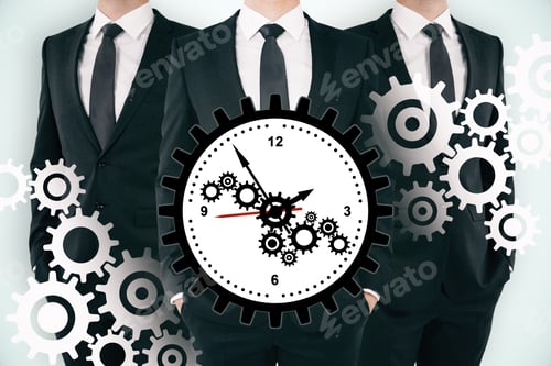 Preview: Three Unrecognizable Businessmen With Creative Gear Clock On Subtle Background. Teamwork, Time
