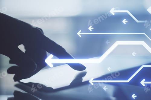 Preview: Close Up Of Hand Pointing At Tablet With Glowing Digital Arrows On Blurry Office Desktop