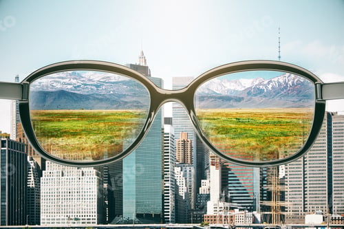 Preview: Glasses With Landscape View On City Background. Vision Concept. 3D Rendering