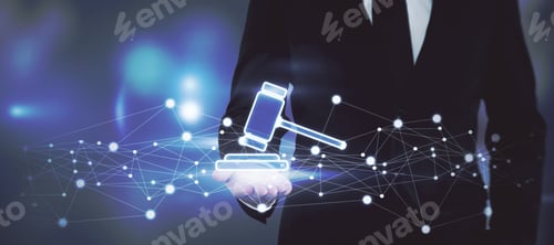 Preview: Online Auction Bidding Concept With A Man In A Black Suit Showing A Digital Hammer On The Palm Of