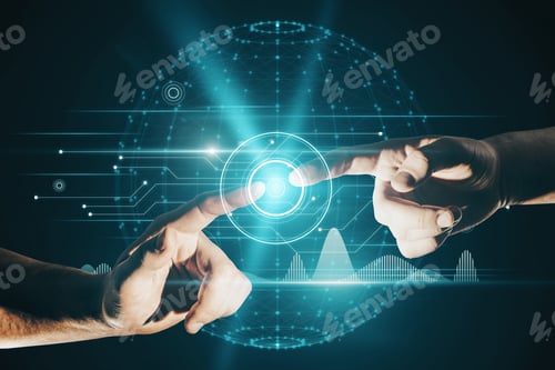 Preview: Close Up Of Businessmen Hands Pointing At Abstract Glowing Polygonal Sphere And Digital Business