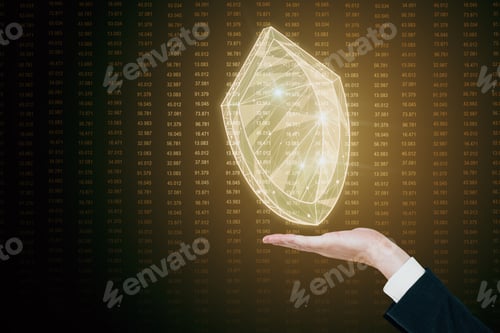 Preview: Hand Holding Creative Glowing Blue Polygonal Antivirus Shield On Dark Background. Safety And