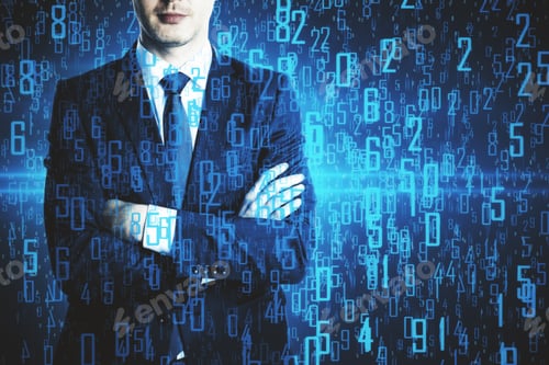 Preview: Businessman With Folded Arms On Abstract Blue Background With Digits