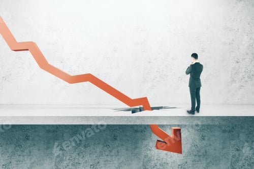 Preview: Thoughtful Businessman Looking At Falling Red Arrow Breaking Through Concrete Ground. Crisis And