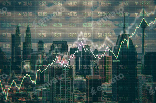 Preview: Forex Chart On Creative Blurry Kuala Lumpur City Background. Trade And Stats Concept. Multiexposure