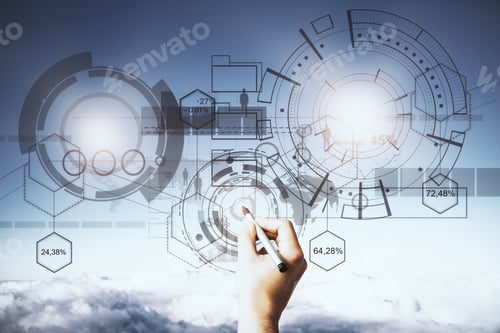 Preview: Hand Drawing Abstract Digital Business Chart Projection On Sky Background With Clouds. Technology