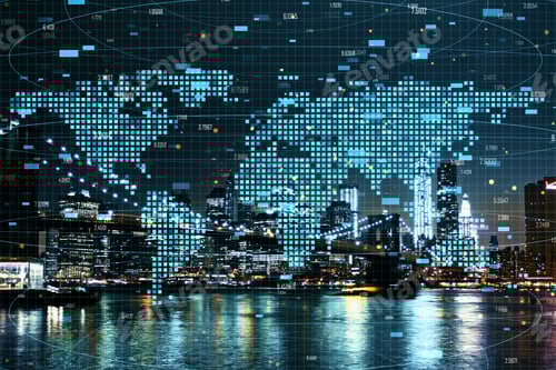 Preview: Map With Forex Candlestick Index On Blurry Night City Background. Global Trade And Finance Concept