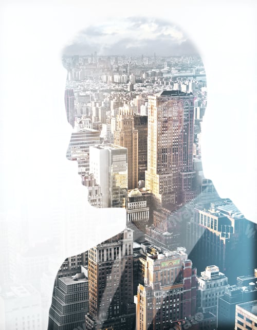 Preview: Thoughtful Businessman Silhouette On Bright City Background. Research Concept. Double Exposure