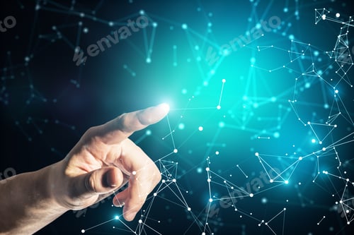 Preview: Hand Touching Creative Polygons Background. Technology And Science Concept.