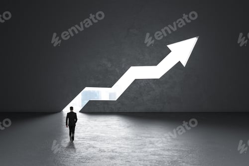 Preview: Businessman Looking At Glowing City View Opening Growing Upward Arrow In Concrete Interior. Success