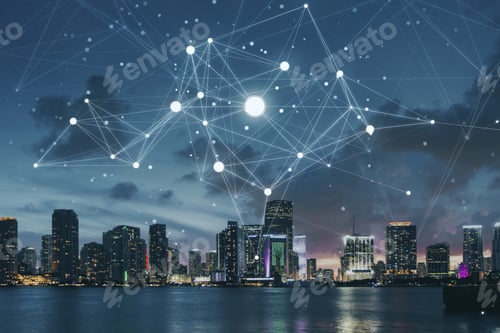 Preview: Abstract Night New York City Backdrop With Polygonal Mesh. Communication And Urban Network Concept