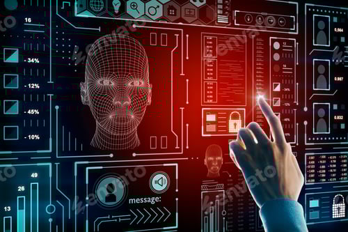 Preview: Hand Using Abstract Glowing Red Head Outline Interface On Dark Background. Ai And Robotics Concept.