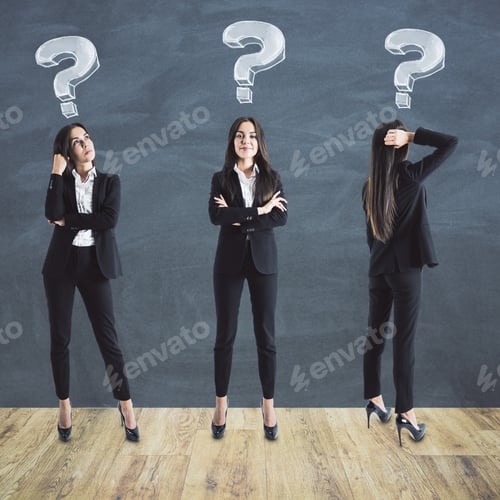 Preview: Three Thinking Businesswomans With Drawing Question Marks Over Head In Room. Confusion And