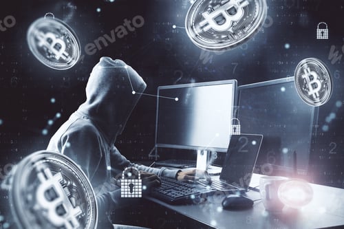 Preview: Hacker Working On Computer With Flying Bitcoin Icon On Dark Background. Cryptocurrency And Payment