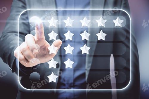 Preview: Customer Review Rating Concept With Man Finger On Digital Touch Screen With Rows Of Stars