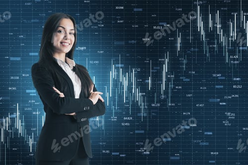 Preview: Thinking Businesswoman And Glowing Business Chart On Blue Screen. Business And Financial Success