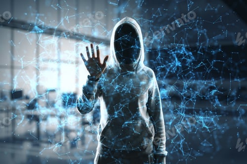 Preview: Hacker Standing In Abstract Blurry Office Interior With Blue Polygonal Mesh. Technology, Security