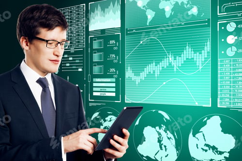 Preview: Attractive Young Businessman Using Tablet With Abstract Digital Business Interface On Blurry