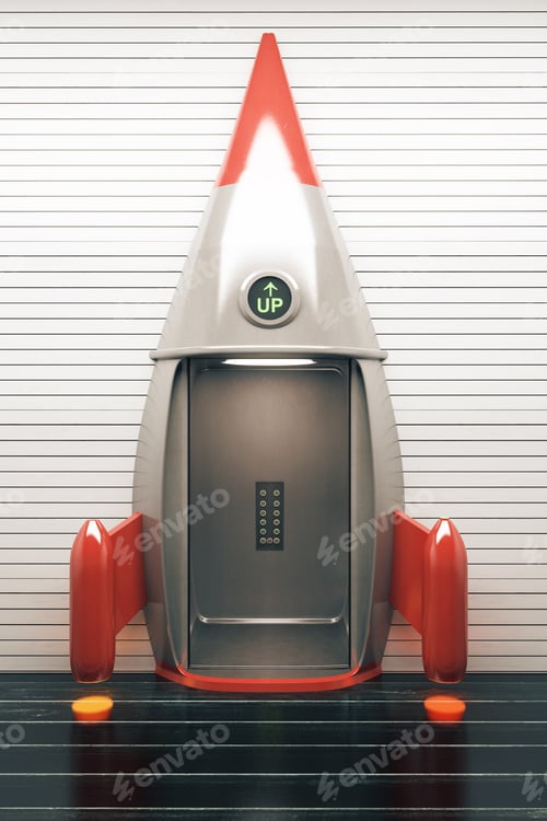 Preview: Success Concept With Open Rocket Elevator. 3D Render