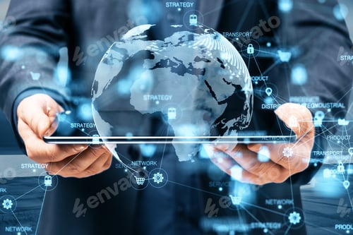 Preview: Close Up Of Businessman Hands Holding Pad With Abstract Digital Logistics, Delivery And