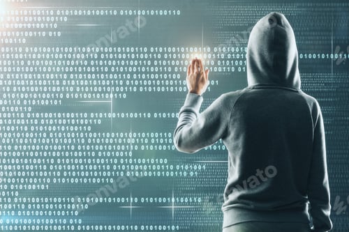 Preview: Hacker In Hoodie Using Abstract Binary Code Interface. Software And Phishing Concept. Double