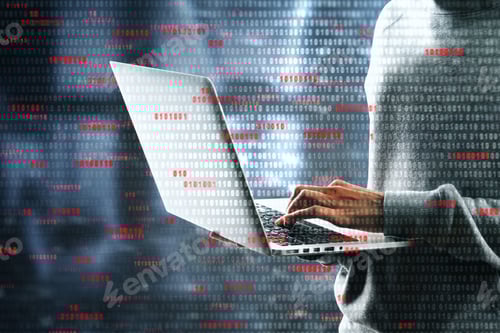 Preview: Technology And Criminal Concept. Hacker Using Laptop With Digital Business Interface. Double