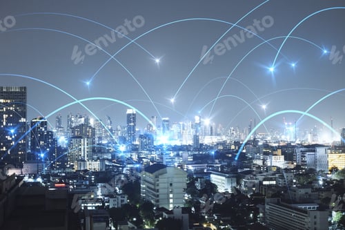 Preview: Abstract Night City Wallpaper With Digital Connections. Internet And Technology Concept. Double