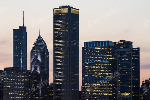Preview: Modern Backlit Chicago City Skyline Backdrop At Dawn. Urban Architecture Concept