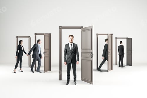 Preview: Opportunity, Teamwork And Success Concept. Businesspeople In Abstract Interior With Doors.