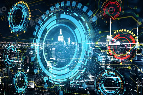 Preview: Creative Night New York City Background With Digital Blue Business Interface Buttons. Hud And